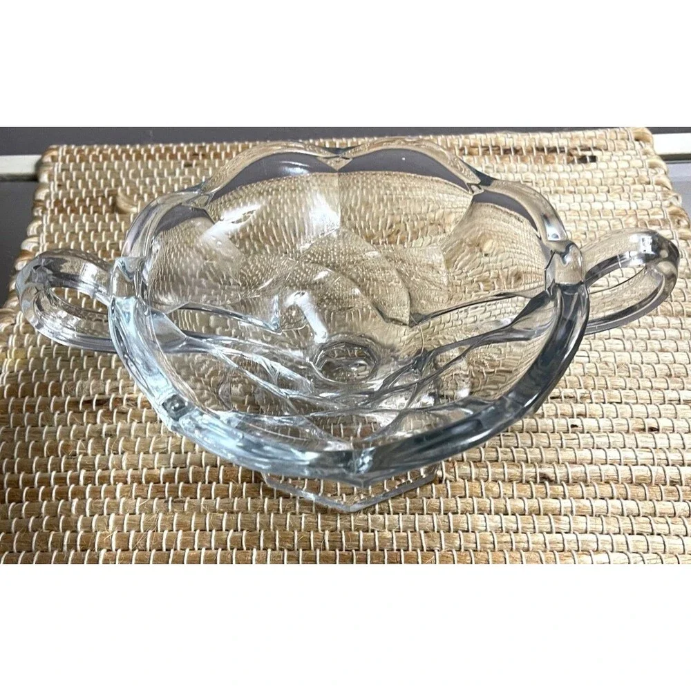 Vintage Crystal Glass Candy Dish With Dual Handles & Scalloped Edges